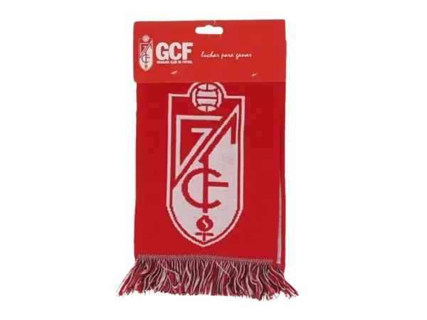 bufanda de fútbol oficial del granada club de fútbol con el texto granada cf en el centro y el escudo en los laterales