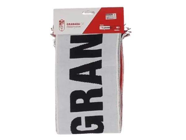bufanda de fútbol oficial del granada club de fútbol con el texto granada cf en el centro y el escudo en los laterales