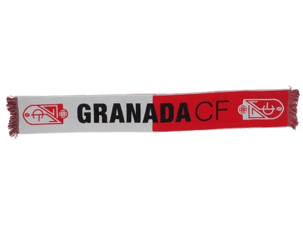 bufanda de fútbol oficial del granada club de fútbol con el texto granada cf en el centro y el escudo en los laterales