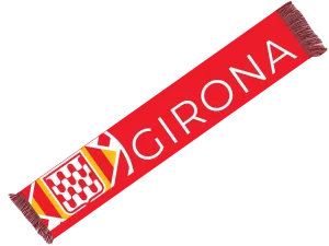 Bufanda del Girona roja con GIRONA en letras blancas y franjas amarillas y rojas en un extremo