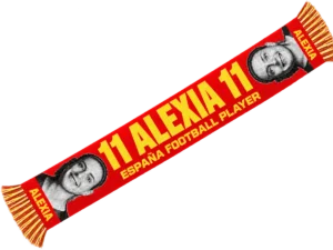 Bufanda de Alexia 11 roja con su nombre en amarillo, fotos en blanco y negro y la leyenda ESPAÑA FOOTBALL PLAYER