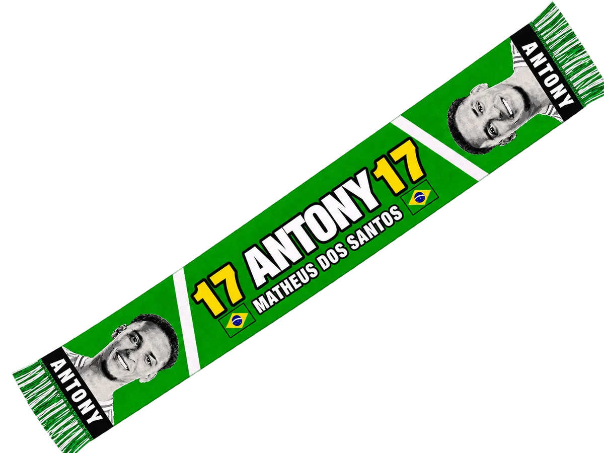 Bufanda de Antony 17 verde con franjas blancas, banderas de Brasil y fotos en blanco y negro del jugador