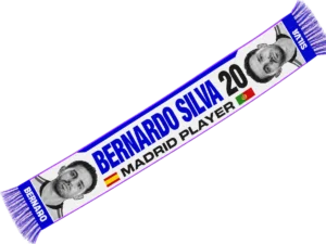 Bufanda de Bernardo Silva blanca y azul con el 20 en negro, la frase Madrid player y dos retratos en las puntas
