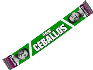 Bufanda de Dani Ceballos verde con DANI CEBALLOS en blanco entre franjas y fotos en los extremos