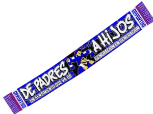 Bufanda del Deportivo azul con el texto De padres a hijos y un niño sobre los hombros de un adulto