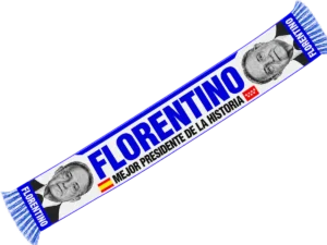 Bufanda de Florentino Pérez blanca y azul con FLORENTINO y la frase Mejor presidente de la historia