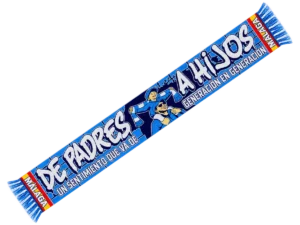 Bufanda de Málaga celeste y azul con el lema De padres a hijos y dos personas dibujadas en el centro