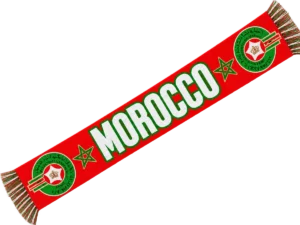 Bufanda de Marruecos roja con la palabra Morocco en blanco, borde verde y dos estrellas verdes a los lados