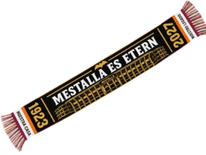 Bufanda Mestalla es etern negra con el texto en blanco y un dibujo del estadio en dorado