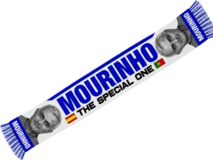 Bufanda de Mourinho blanca y azul con MOURINHO en azul, THE SPECIAL ONE en negro y banderas de España y Portugal